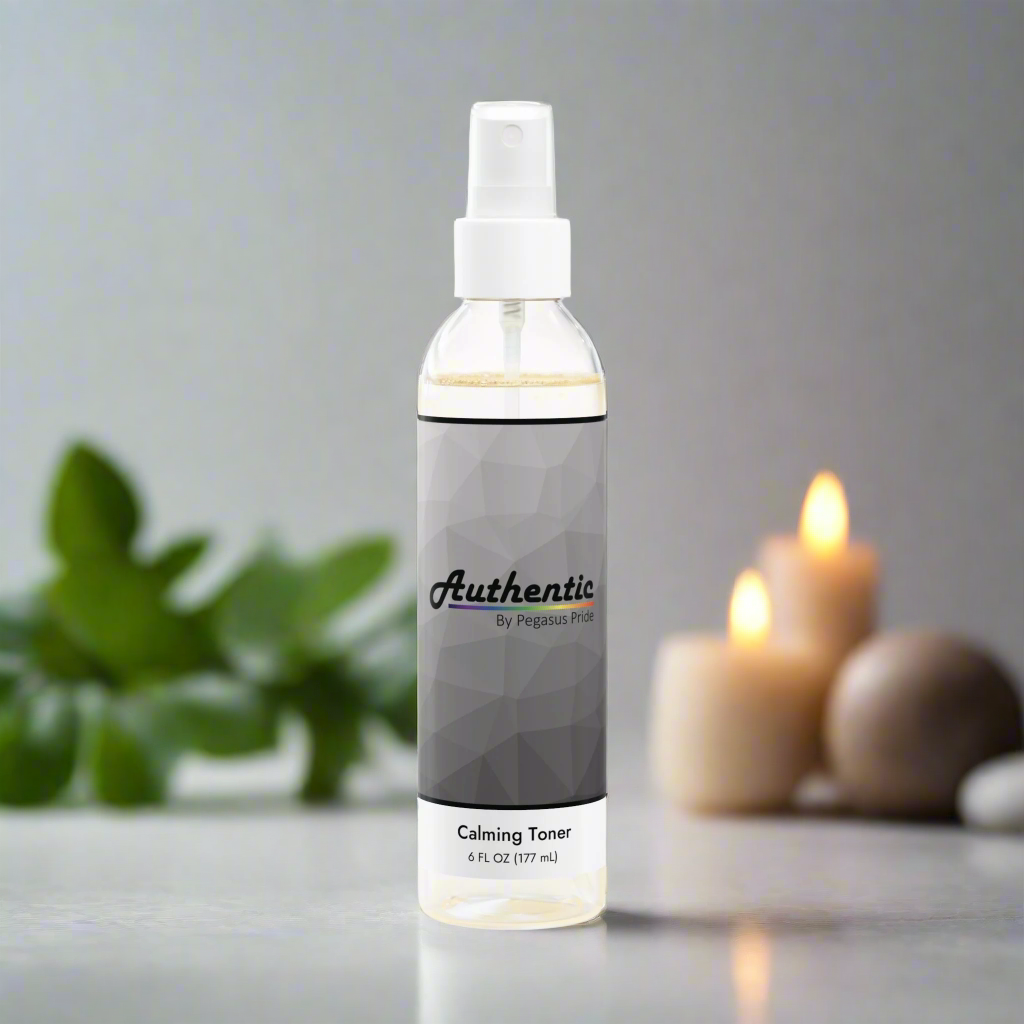 Authentic Calming Toner 6oz Front_facing_with_plants_and_candle_in_background