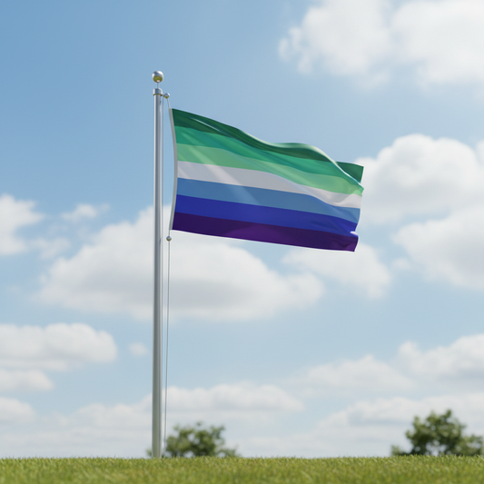 A gay men's pride flag with horizontal stripes in green, light green, white, blue, and purple waves on a silver flagpole outdoors against a blue sky with clouds.