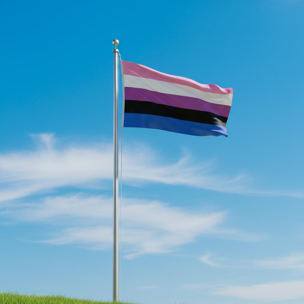 A genderfluid pride flag with horizontal stripes of pink, white, black, and blue waving on a silver flagpole against a bright blue sky with light clouds.
