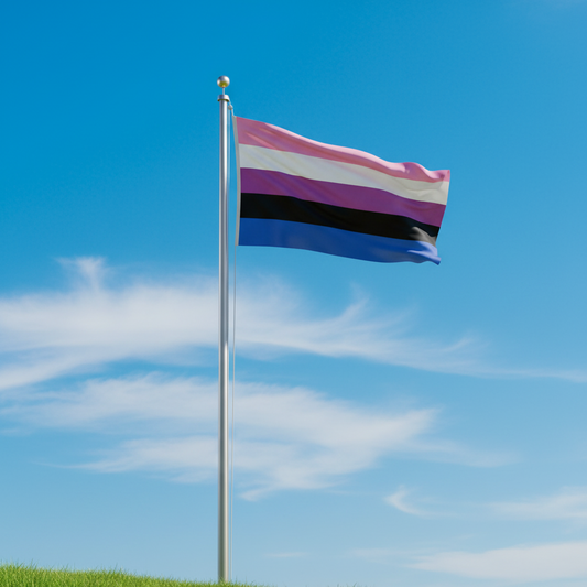 A genderfluid pride flag with horizontal stripes of pink, white, black, and blue waving on a silver flagpole against a bright blue sky with light clouds.
