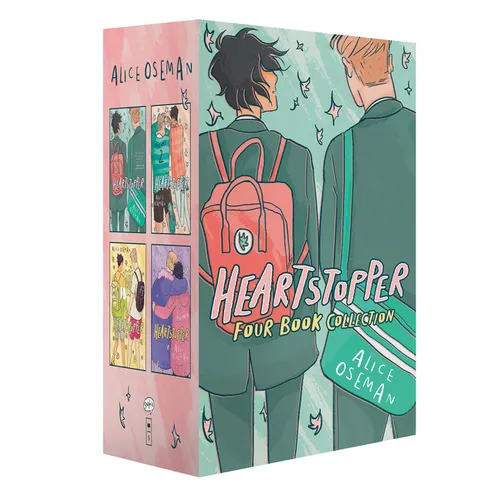 Heartstopper four book collection box set with illustrated covers and characters on a white background