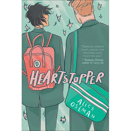 Book cover of 'Heartstopper' with two characters facing each other, one carrying a red backpack and the other a green one.