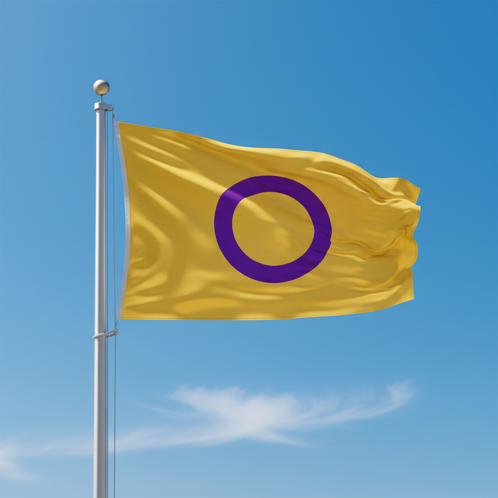 A yellow intersex flag with a large purple ring symbol, attached to a silver flagpole and waving against a clear blue sky with light clouds.