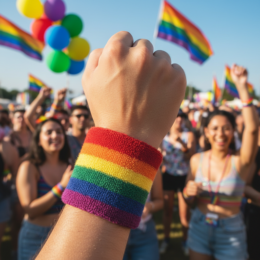 A close-up of a raised fist wearing a rainbow pride wristband, with a blurred crowd and rainbow flags in the background at an outdoor event.
