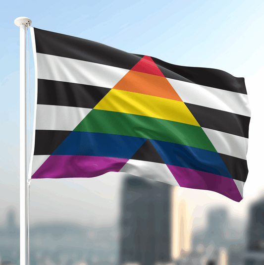 A black, white, and rainbow pride flag waving on a white flagpole against a blurred city skyline and blue sky.