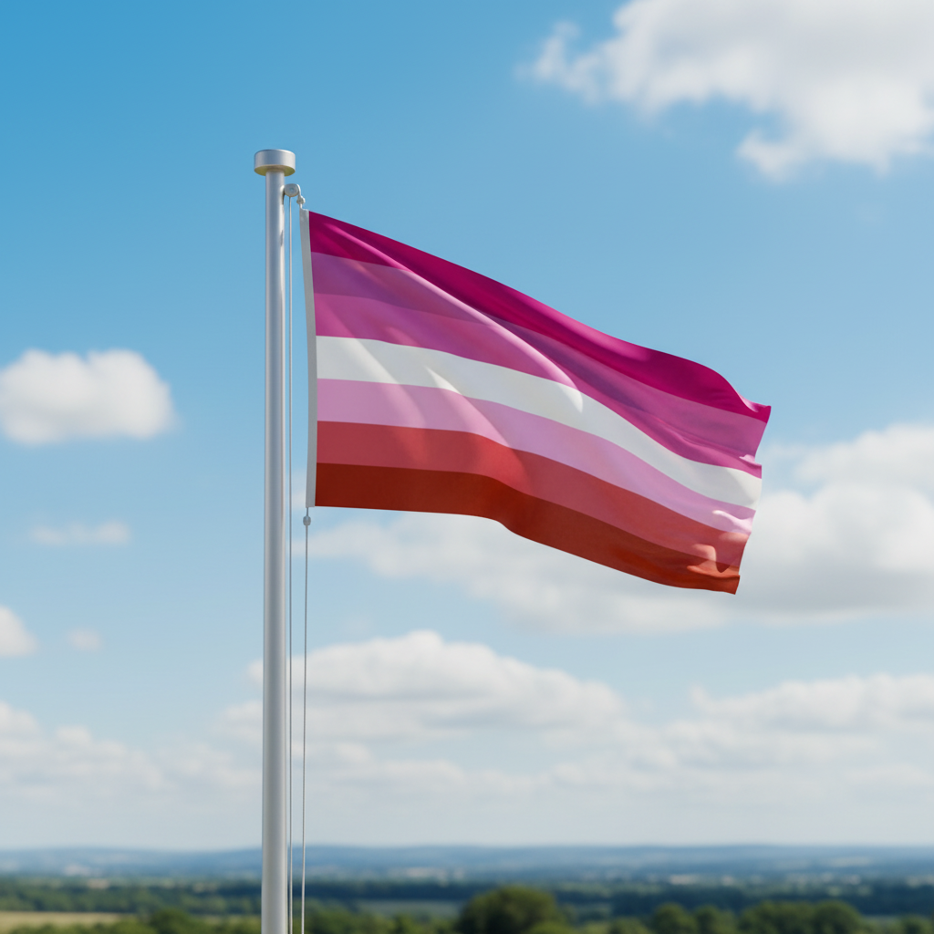A pink and white striped flag attached to a silver flagpole, waving outdoors against a bright blue sky with scattered white clouds and a blurred landscape below.
