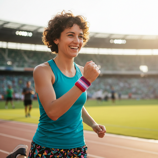 A smiling woman with curly hair runs on an athletic track in a stadium, wearing a bright teal tank top, colorful geometric-patterned leggings, and a pink and purple striped wristband.