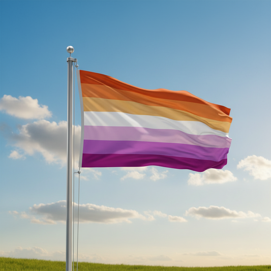 A multi-colored striped flag with horizontal bands of orange, yellow, white, purple, and magenta waving on a silver flagpole against a blue sky with clouds.
