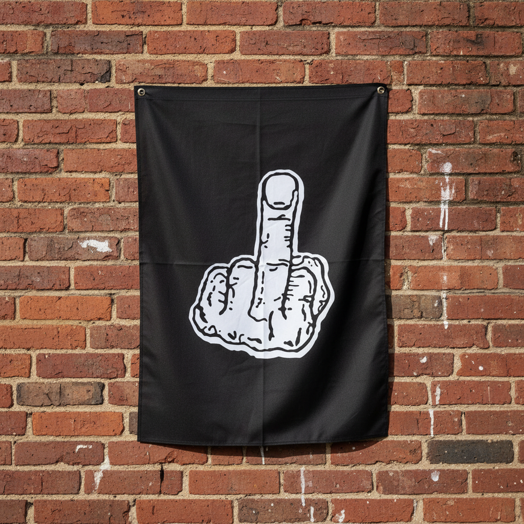 A black flag hanging on a red brick wall, featuring a white graphic of a hand making the middle finger gesture.