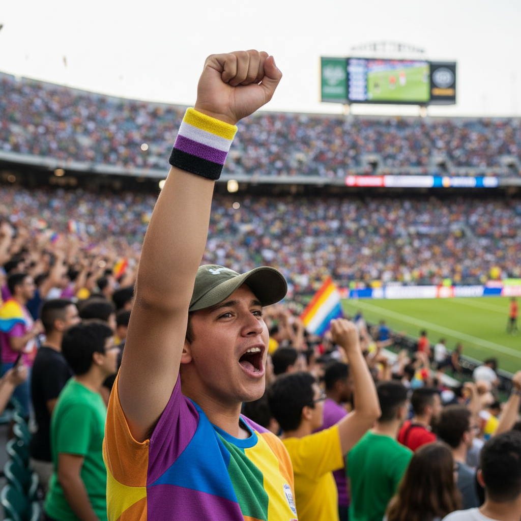 A crowd of enthusiastic sports fans in a stadium, with a central person raising a fist in celebration. This person is wearing a rainbow-striped t-shirt and a purple, white, yellow, and black striped wristband.