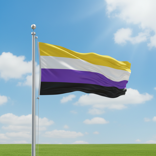 A striped flag with horizontal bands of yellow, white, purple, and black waves on a silver flagpole against a blue sky with clouds and green grass below.