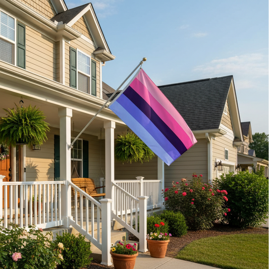 omnisexual pride flag flying from a front porch.  The flag has 5 stripes, light pink, dark pink, deep purple, dark blue, and light blue