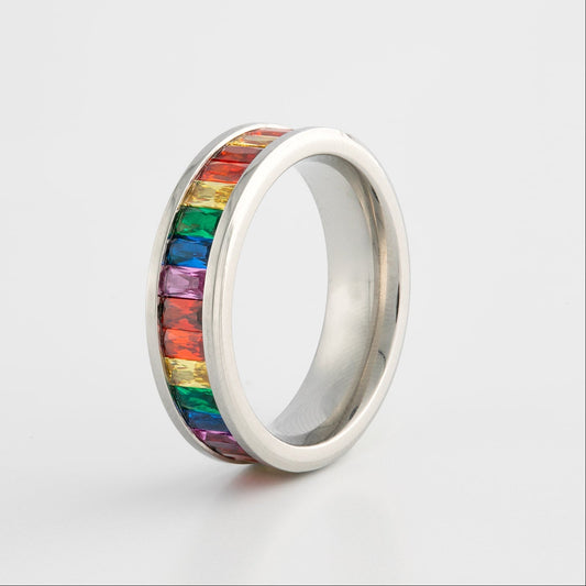 LGBTQ Pride Rainbow Gemstone Stainless Steel Ring