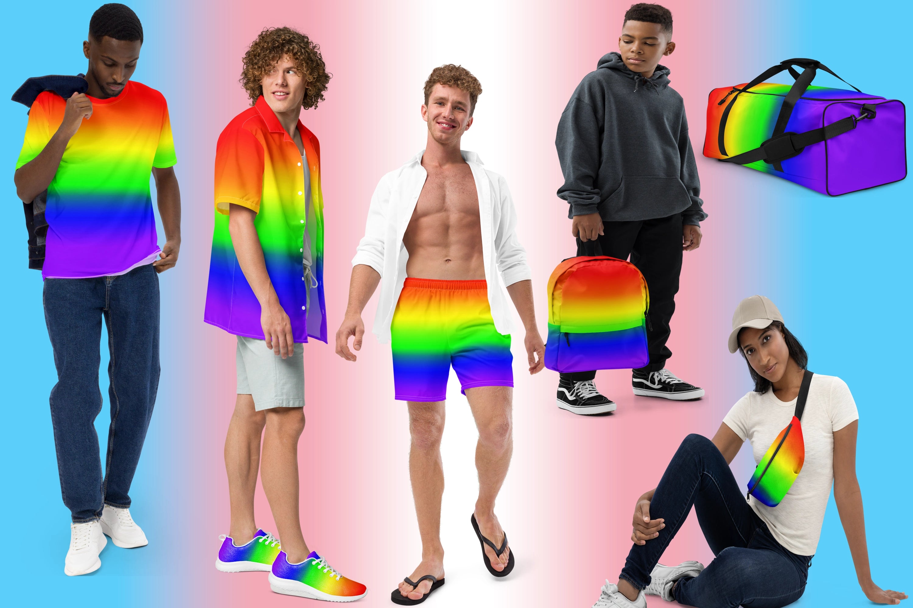 Collage of people wearing LGBTQ pride-themed clothing and accessories on a multicolored background