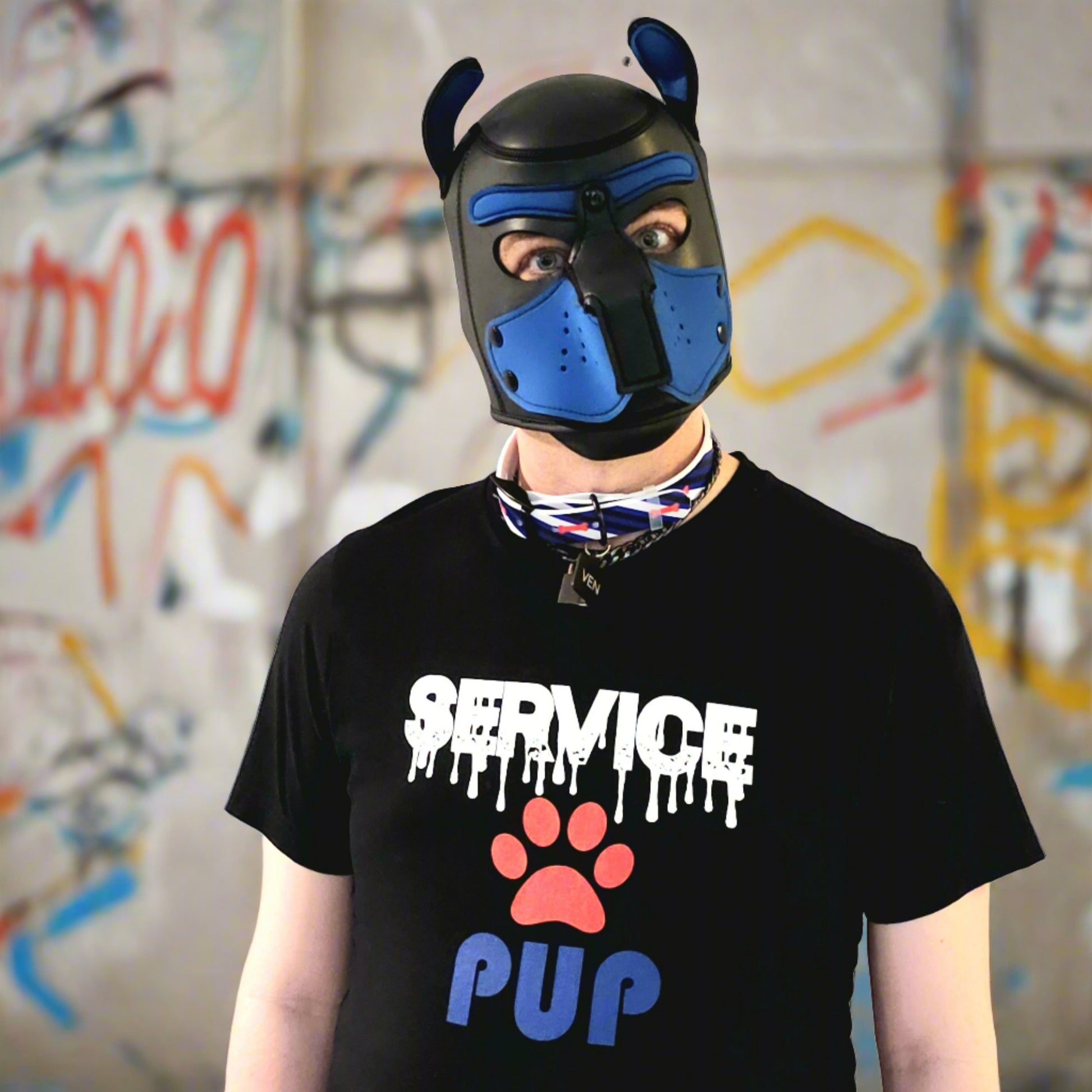 Puppy Play Hood Neoprene - Asst Colors Available Puppy-Pup-Play-Hood-Neoprene-mask-black-blue-on-model