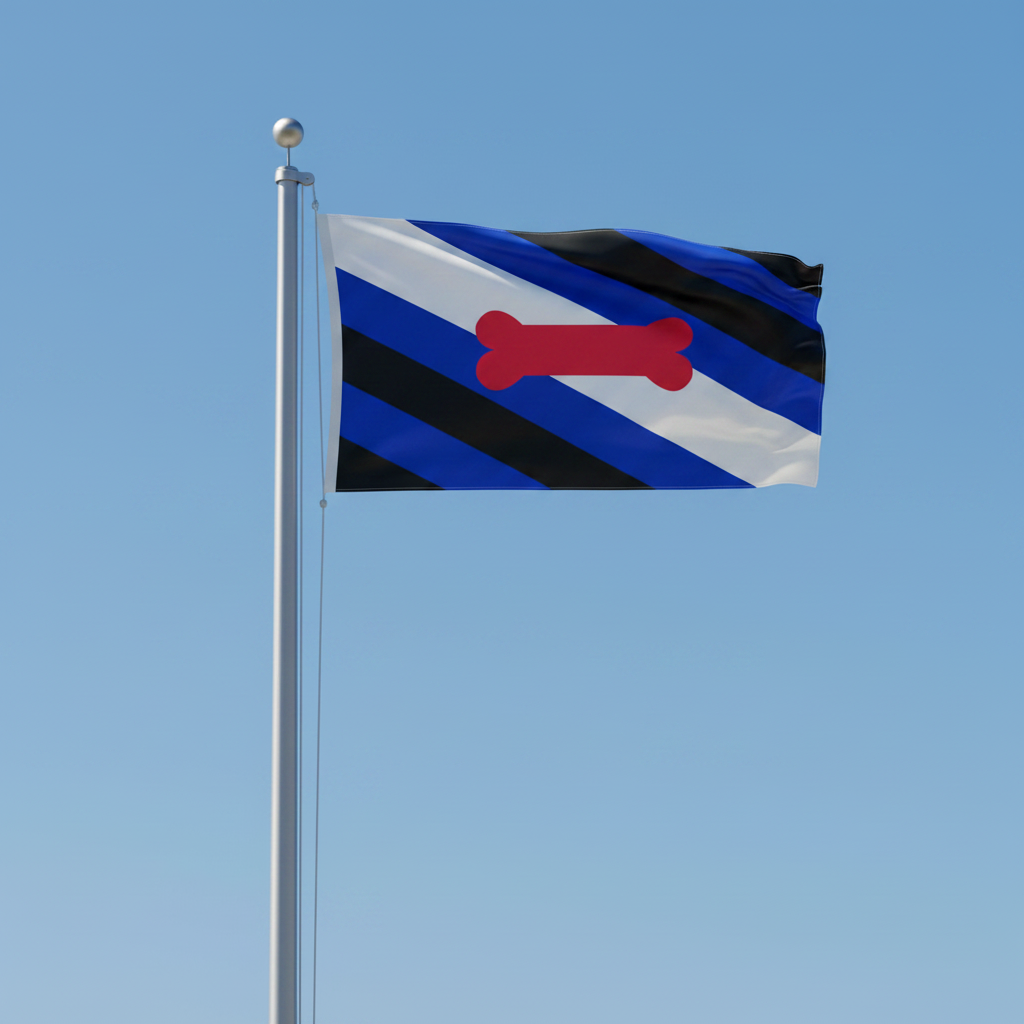 A flag on a silver flagpole waving against a clear blue sky. The flag has diagonal black and blue stripes with white side bands and a red bone-shaped emblem in the center.