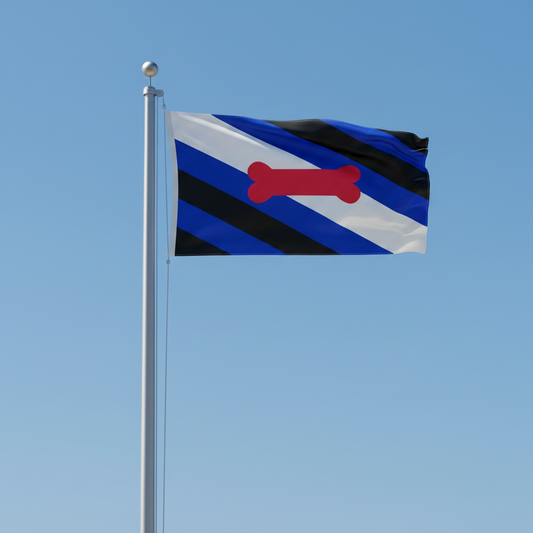 A flag on a silver flagpole waving against a clear blue sky. The flag has diagonal black and blue stripes with white side bands and a red bone-shaped emblem in the center.