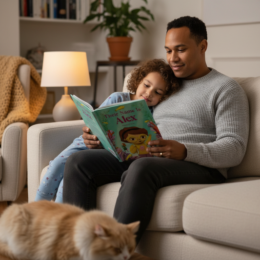 adult reading a book to a child titled "their name is Alex" in a cozy room with a cat