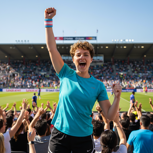 A person celebrates with raised fist wearing a blue, pink, and white wristband on a soccer field, with a stadium crowd and spectators in the background.