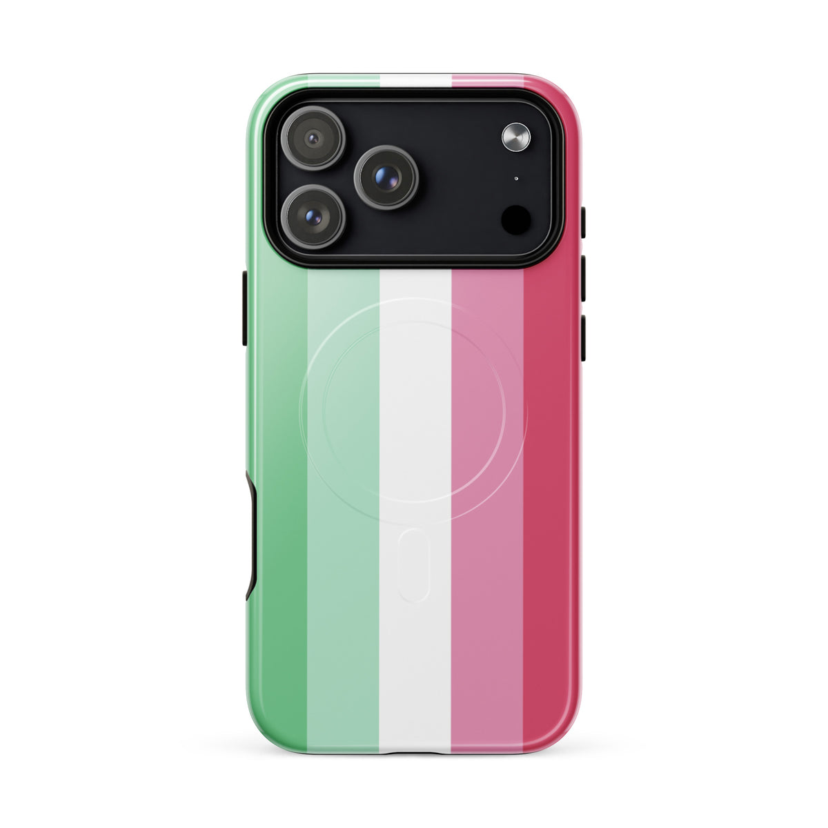 Phone case with green, white, and pink striped design on a white background