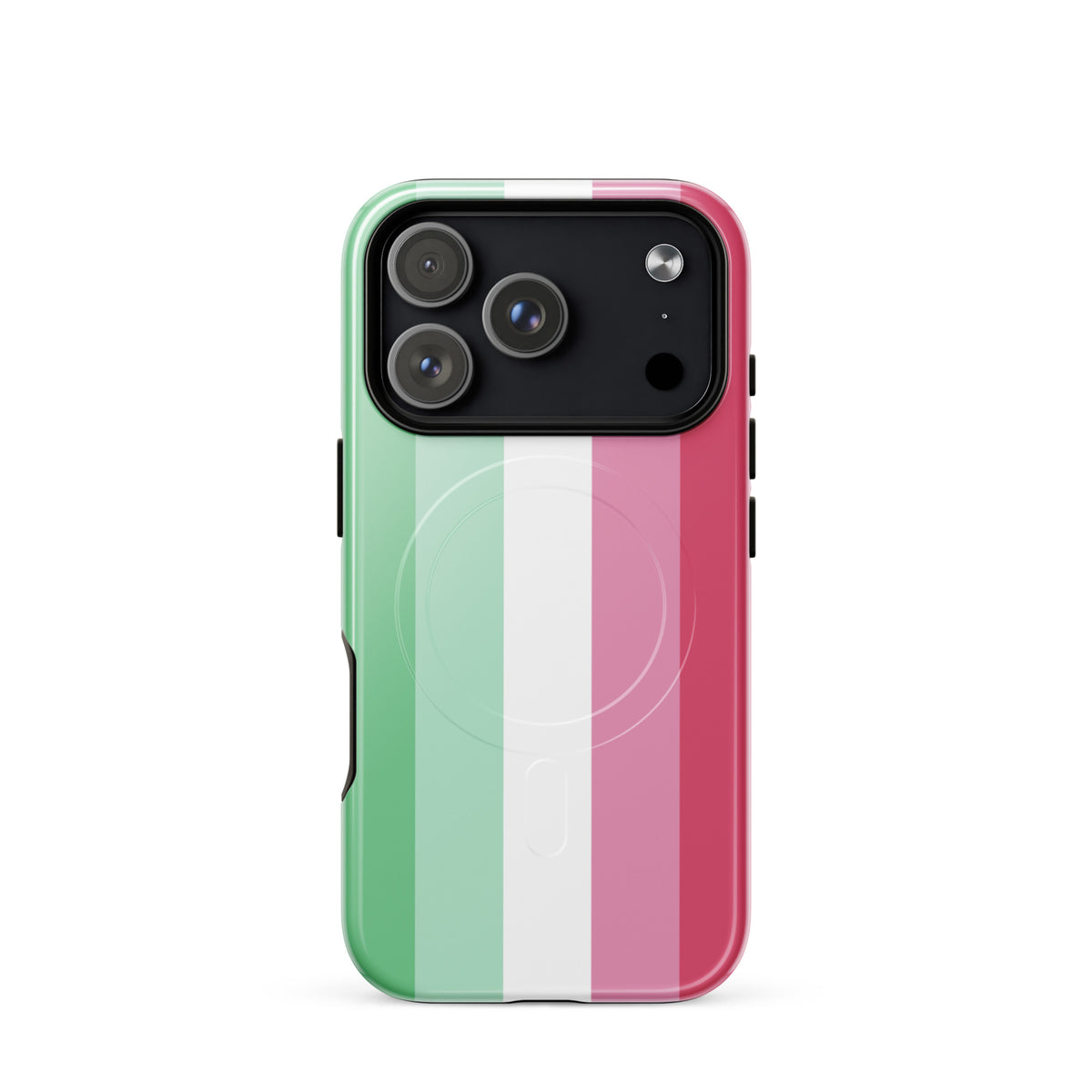 Phone case with green, white, and pink vertical stripes on a white background