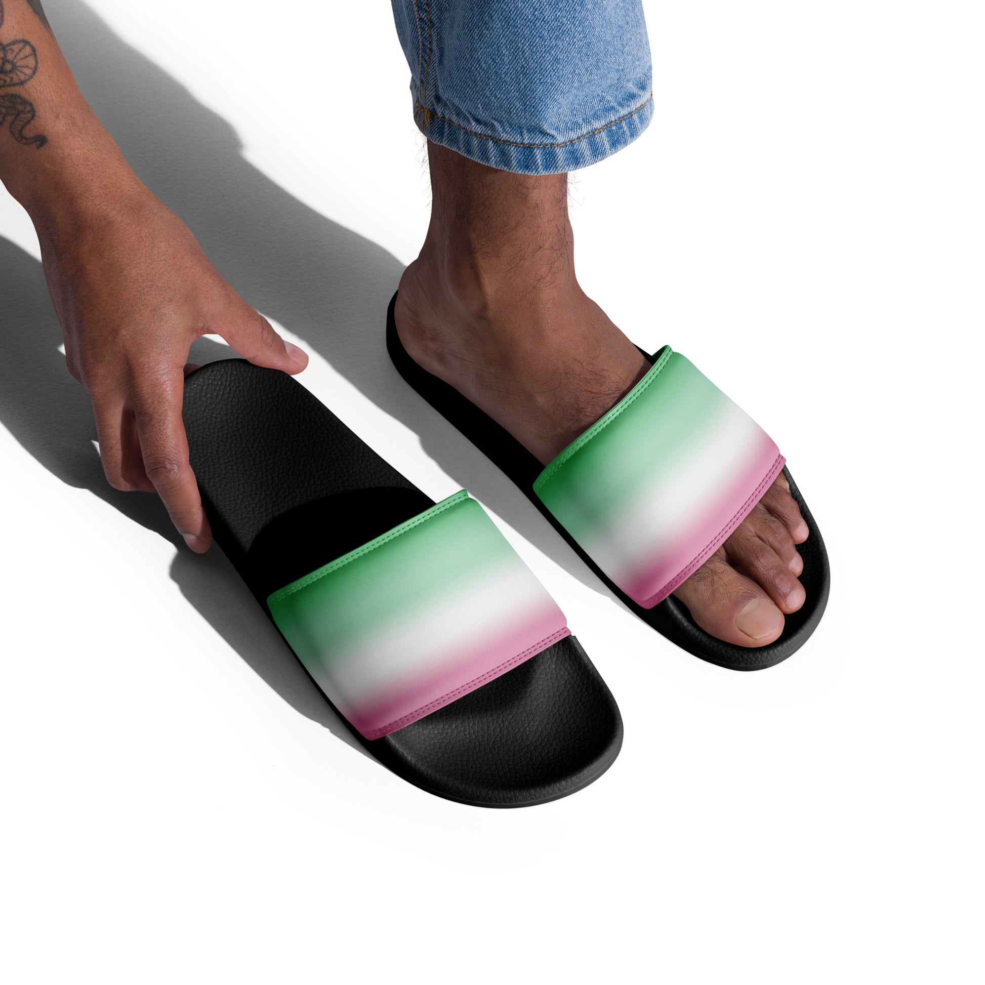 Abrosexual Pride Men’s Slides Sandals in Ombre abrosexual-pride-mens-slides-sandals-black-right-front-on-model