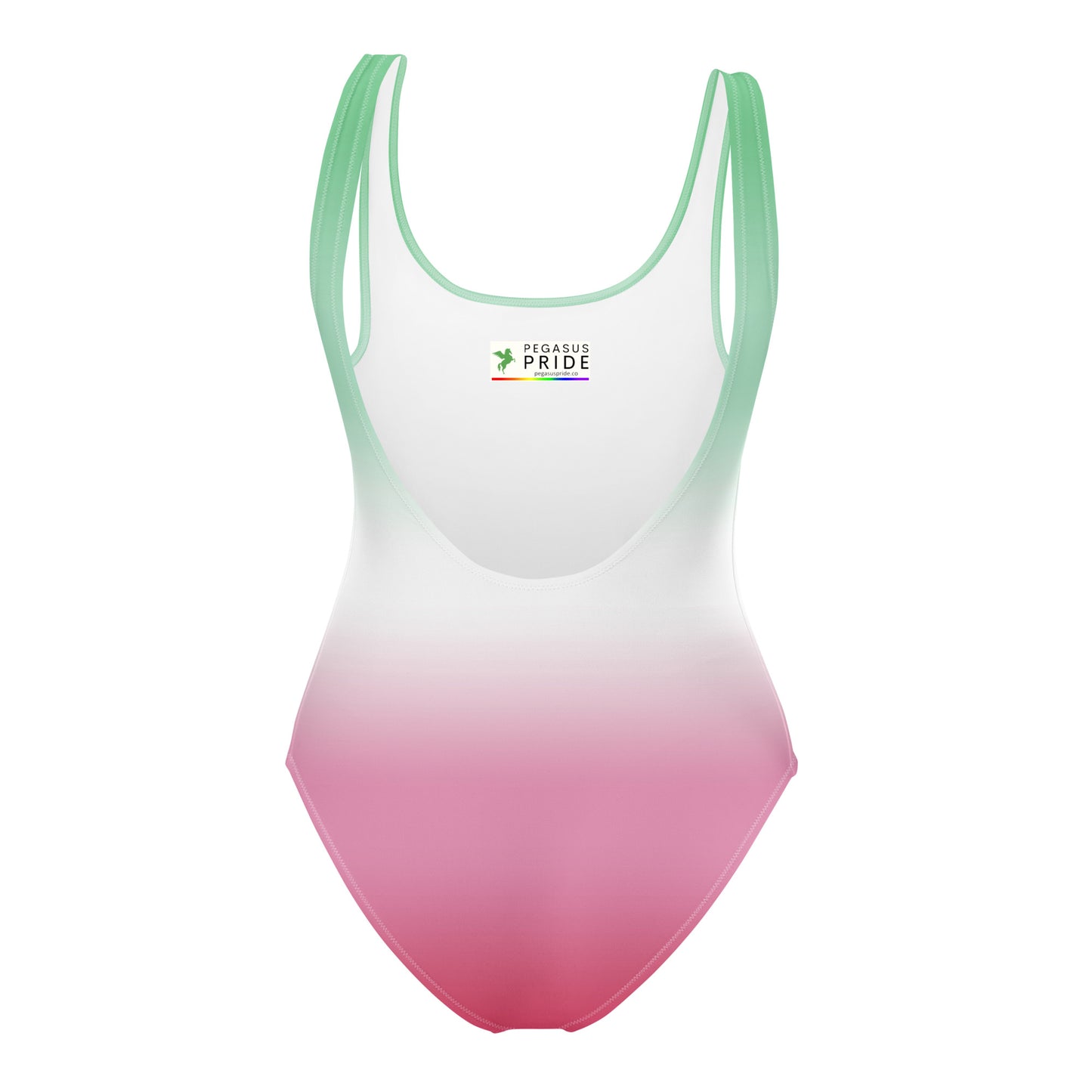 One-piece swimsuit with gradient design and 'Pegasus Pride' branding on a white background