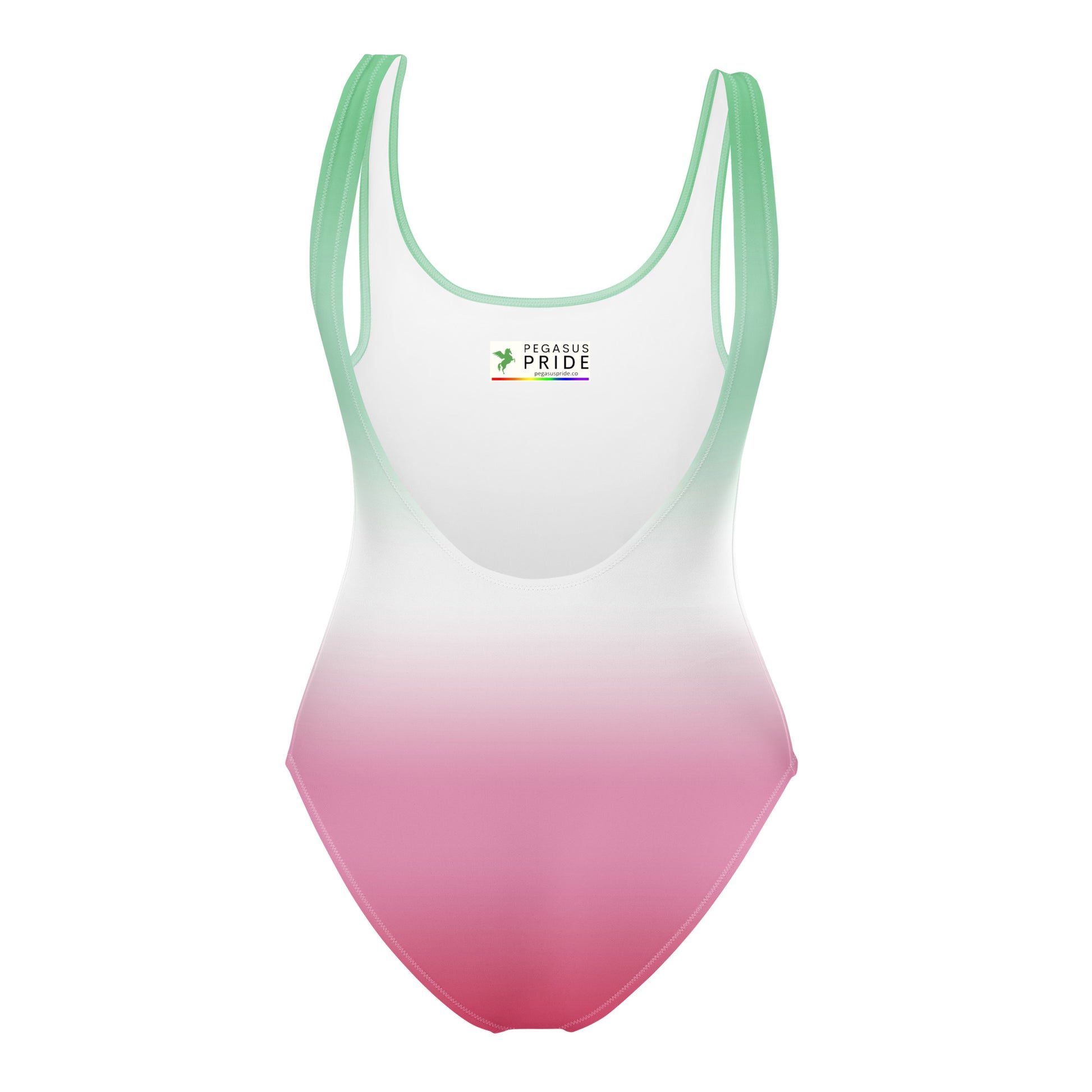 One-piece swimsuit with gradient design and 'Pegasus Pride' branding on a white background