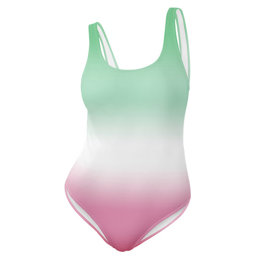 Abrosexual pride Gradient green to pink swimsuit on a white background
