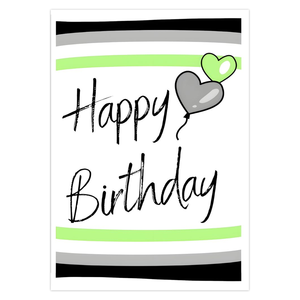 Happy Birthday card with a heart-shaped balloon on a white background with agender colors