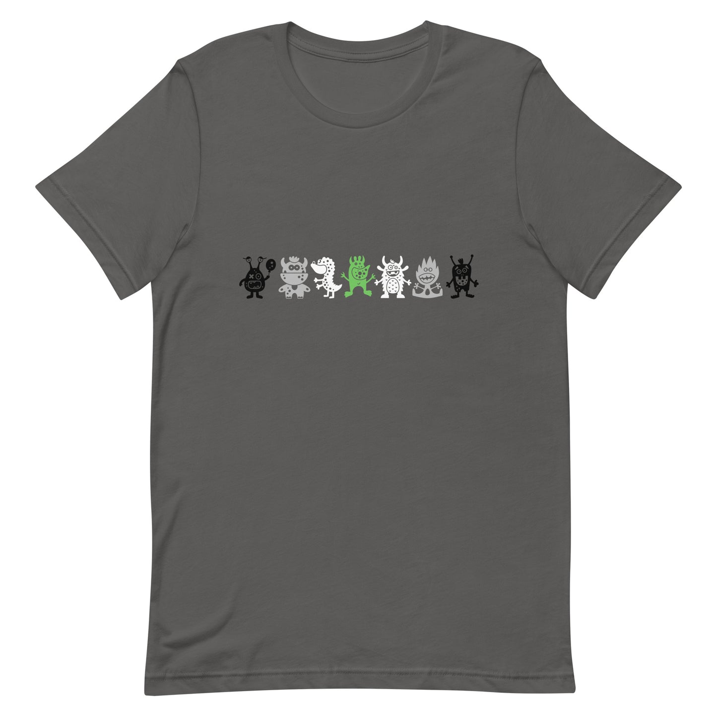 A gray t-shirt with a graphic print of various stylized monster characters in agender pride colors