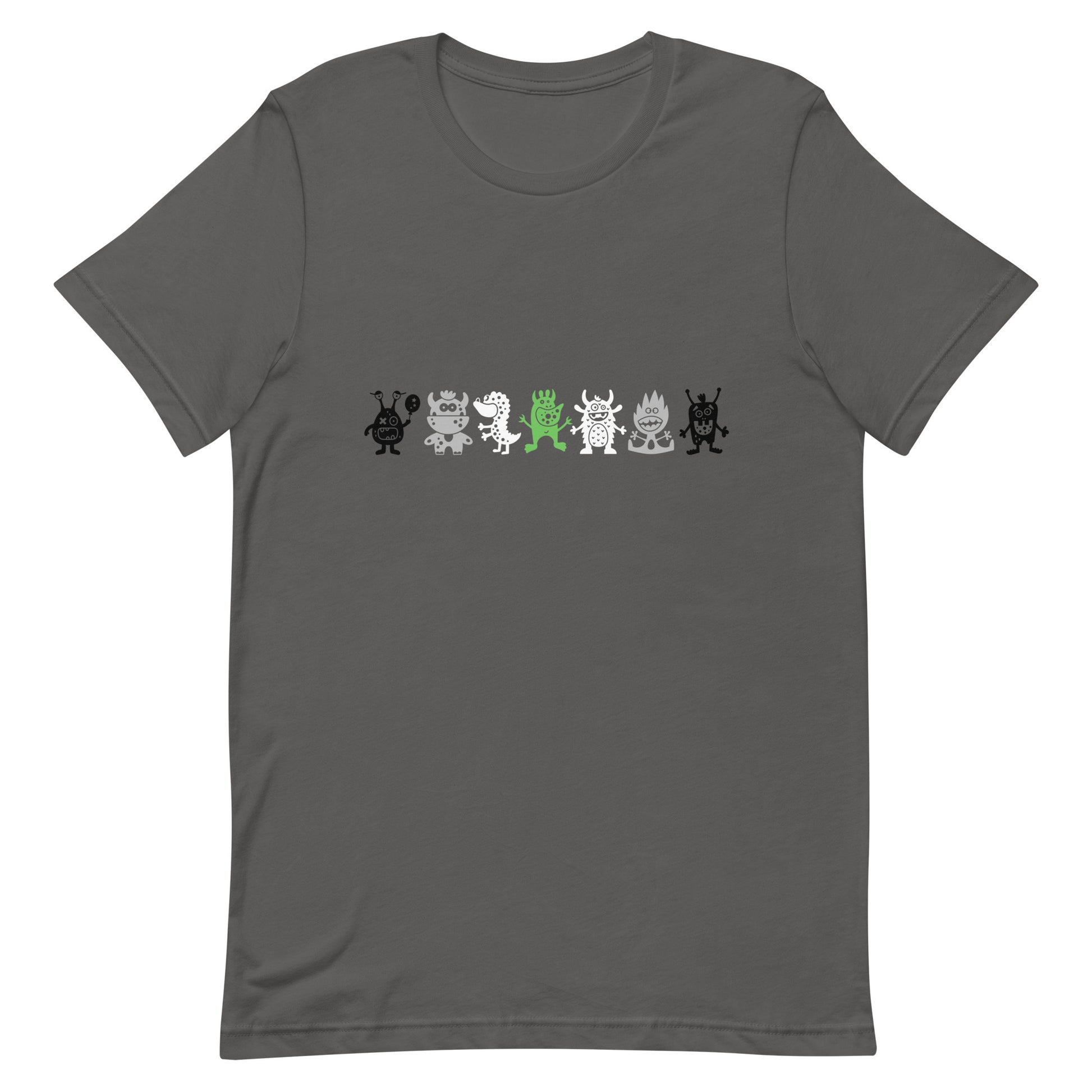 A gray t-shirt with a graphic print of various stylized monster characters in agender pride colors
