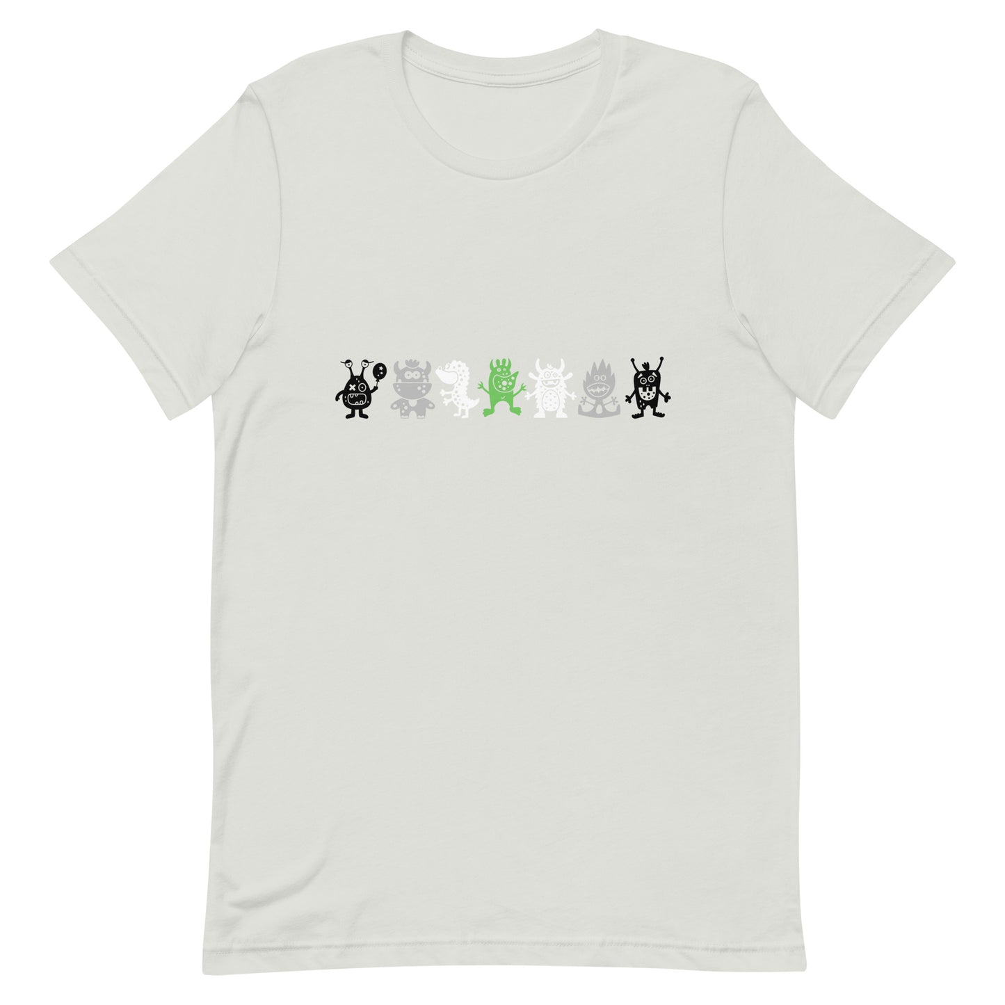 Silver grey t-shirt with a graphic print of various stylized monster characters in agender pride colors