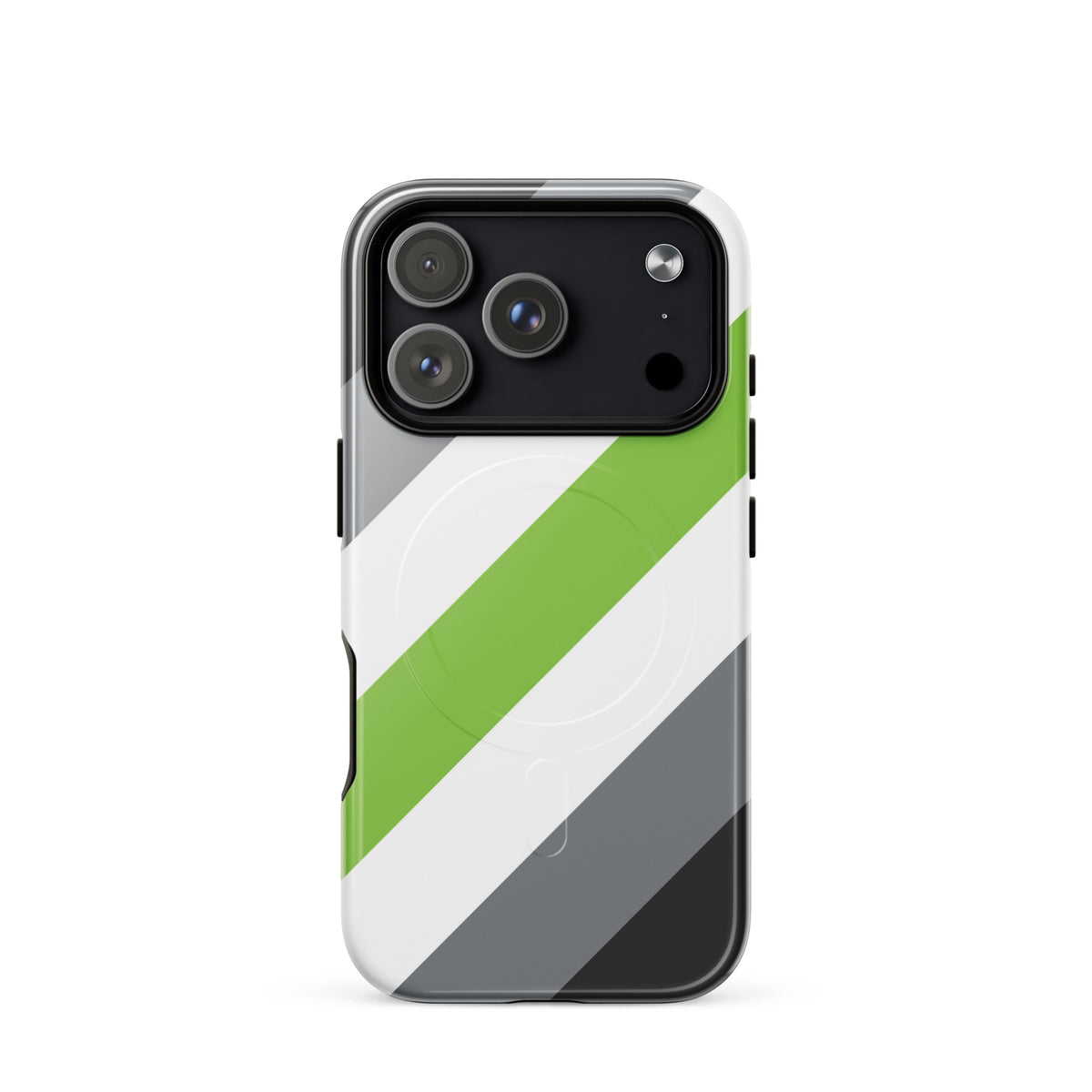 iPhone 18 case with green, white, and gray diagonal stripe design on a white background