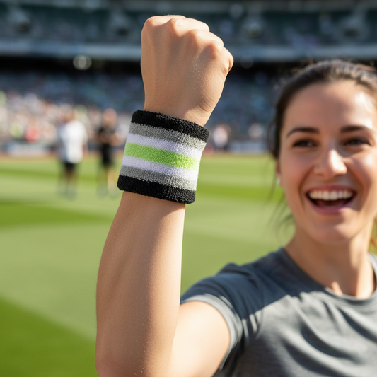 A close-up lifestyle shot of a woman on a sports field with her fist raised, wearing a striped athletic wristband in black, white, gray, and lime green.