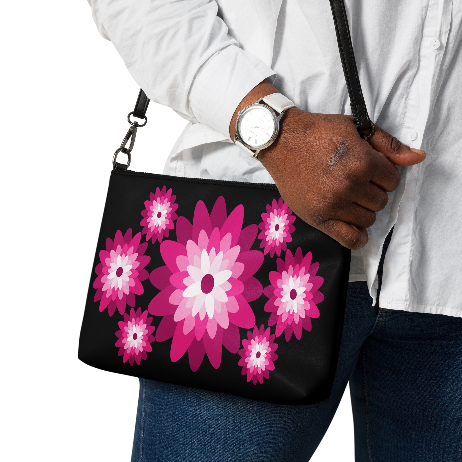 Pink Blooms at Midnight Purse Handbag all-over-print-crossbody-bag-black-back-668d96d4f3b3e