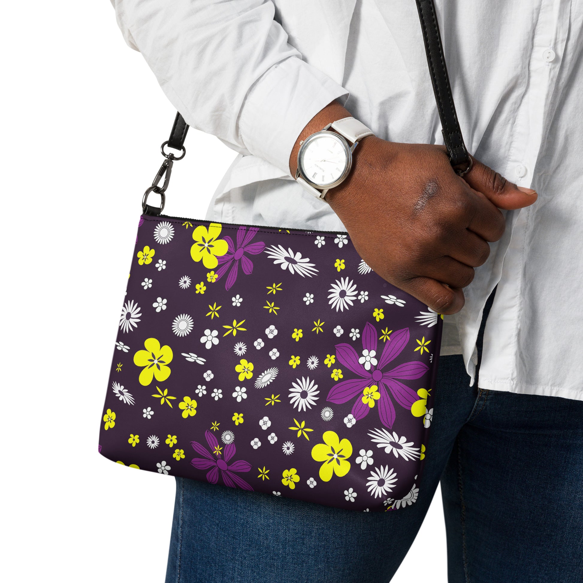 Purple and Yellow Floral Purse Handbag all-over-print-crossbody-bag-black-back-668d9d6d24c43