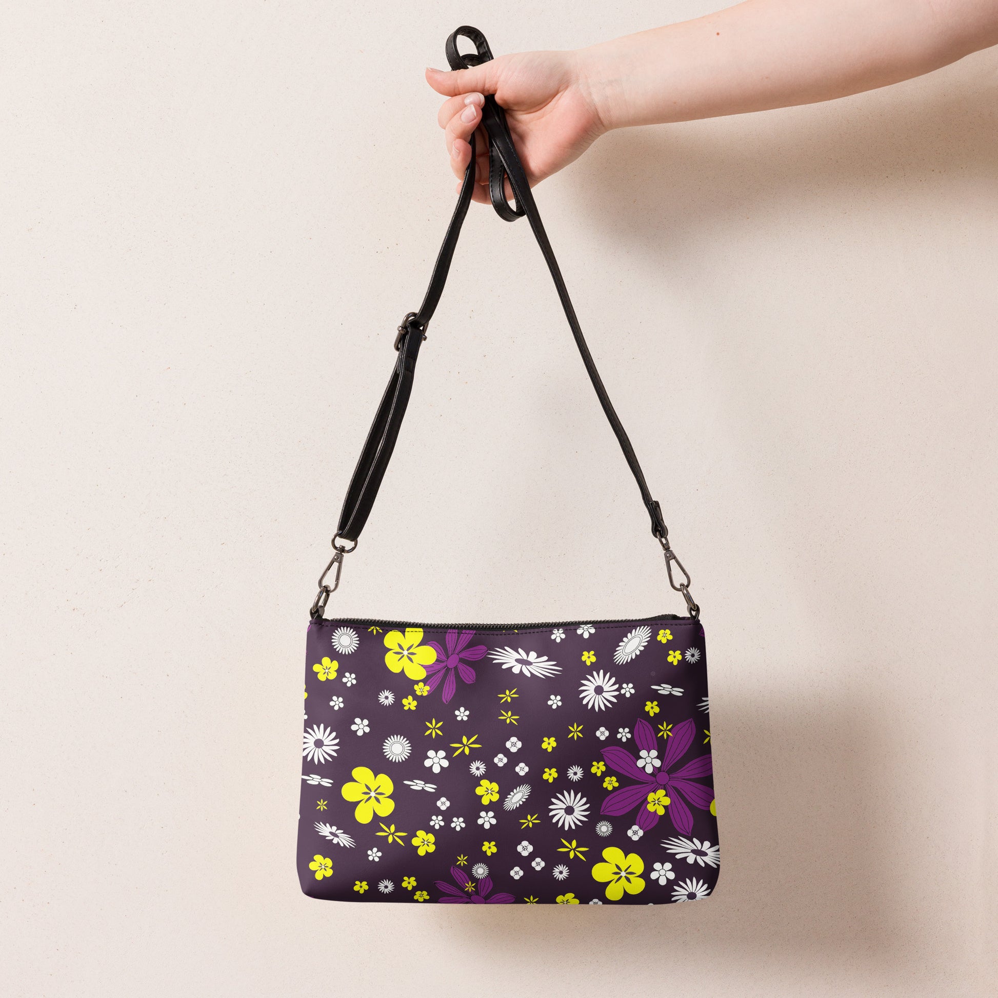 Purple and Yellow Floral Purse Handbag all-over-print-crossbody-bag-black-back-668d9d6d24dd5