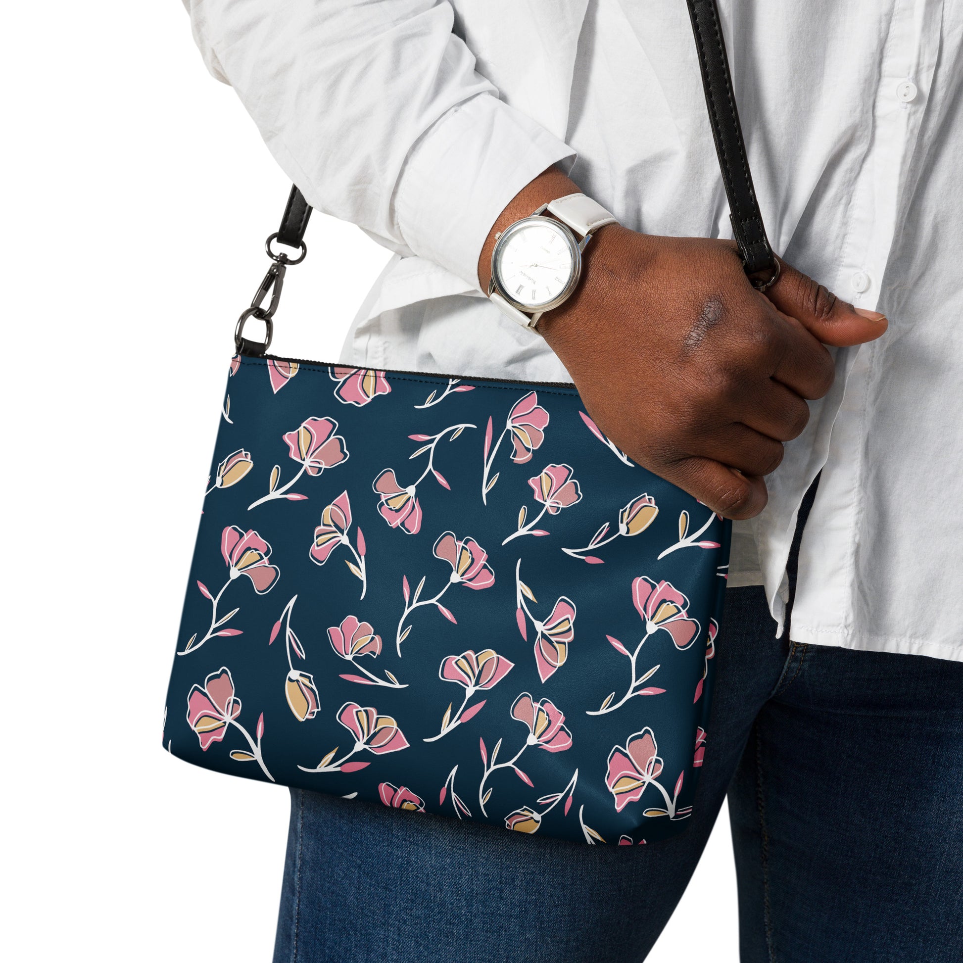 Blue and Pink Mod Flowers Purse Handbag all-over-print-crossbody-bag-black-back-668d9eb8aad2b