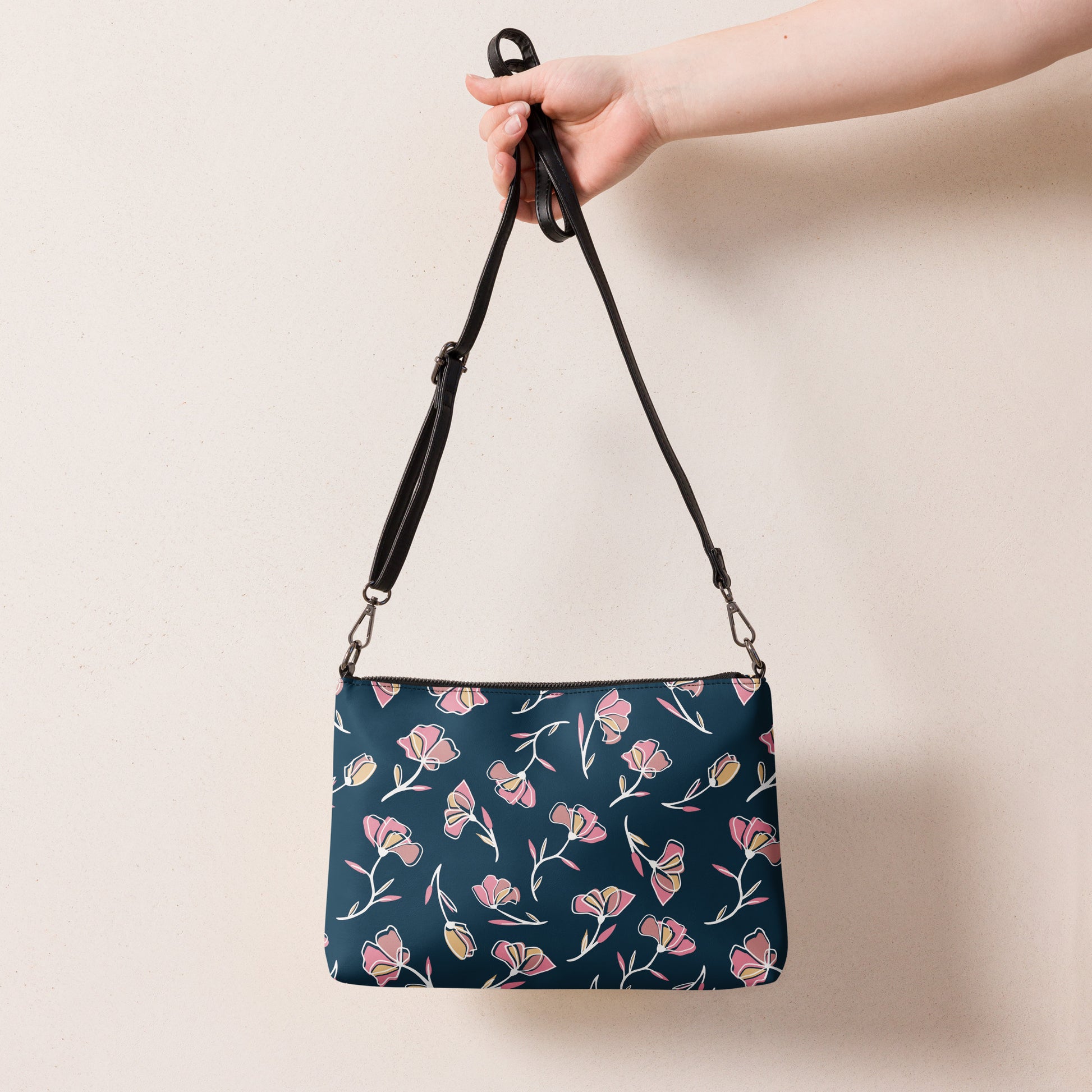 Blue and Pink Mod Flowers Purse Handbag all-over-print-crossbody-bag-black-back-668d9eb8aaef5