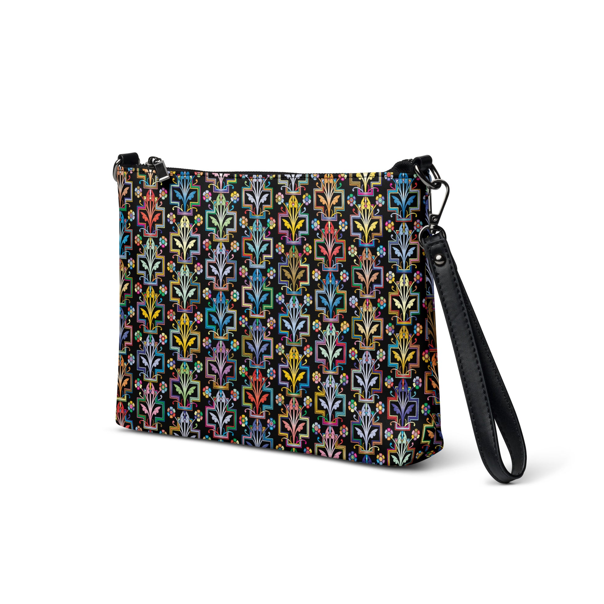 Colorful Floral Art Deco Purse Handbag all-over-print-crossbody-bag-black-left-front-668d9d2187ac3