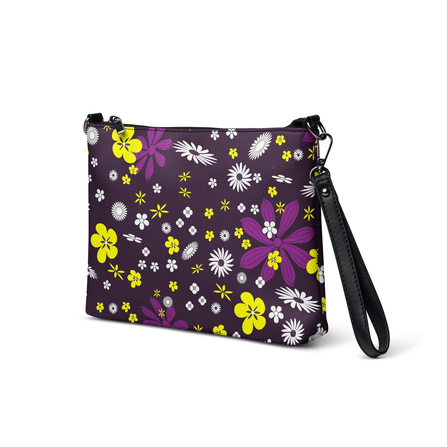 Purple and Yellow Floral Purse Handbag all-over-print-crossbody-bag-black-left-front-668d9d6d250c7