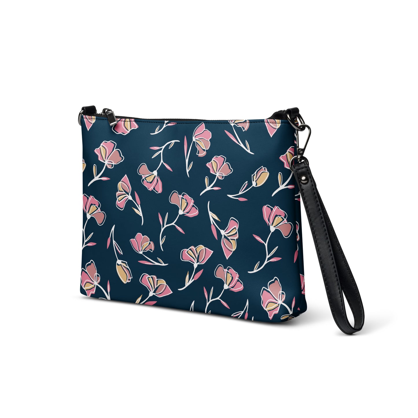 Blue and Pink Mod Flowers Purse Handbag all-over-print-crossbody-bag-black-left-front-668d9eb8ab0f3