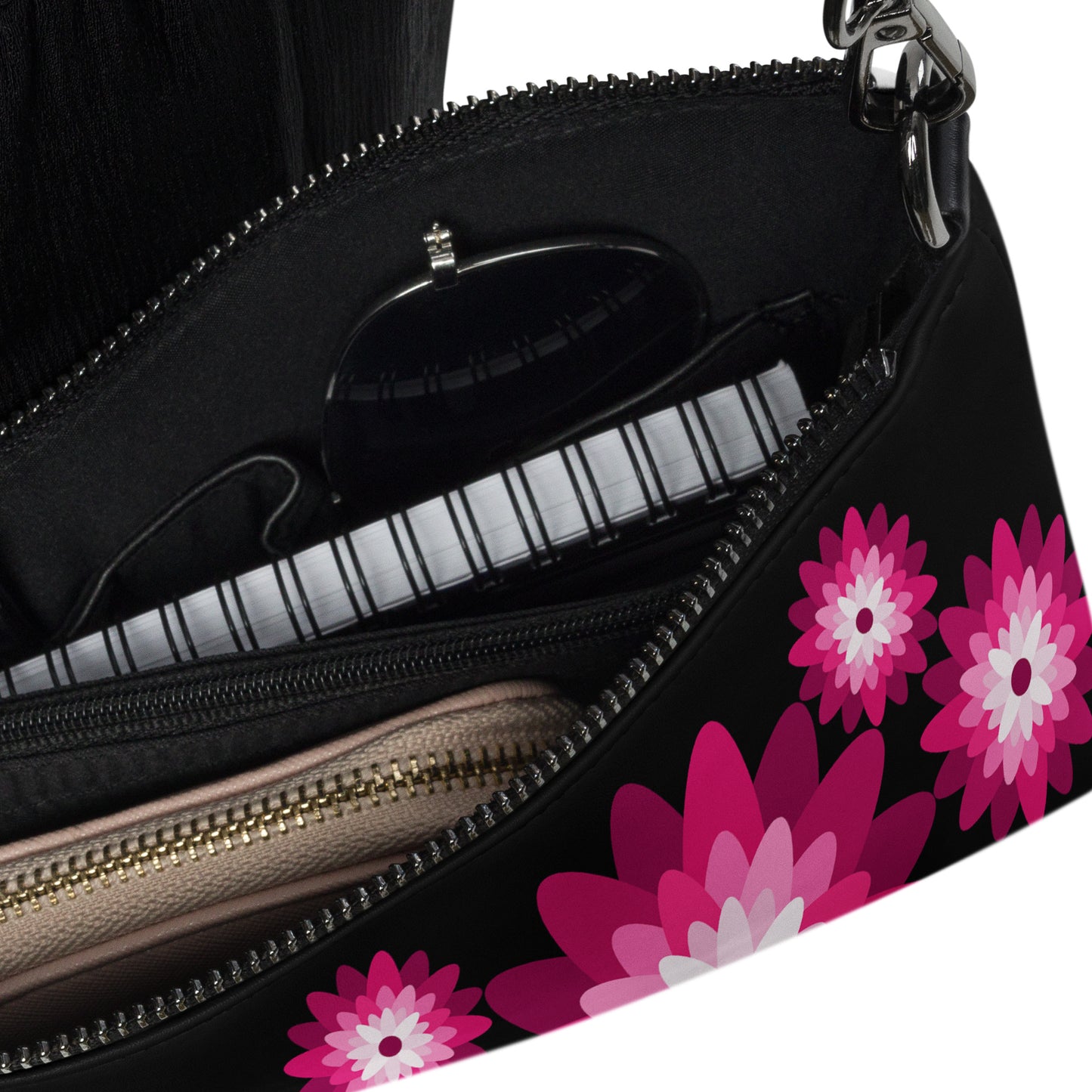 Pink Blooms at Midnight Purse Handbag all-over-print-crossbody-bag-black-product-details-2-668d96d4f3931