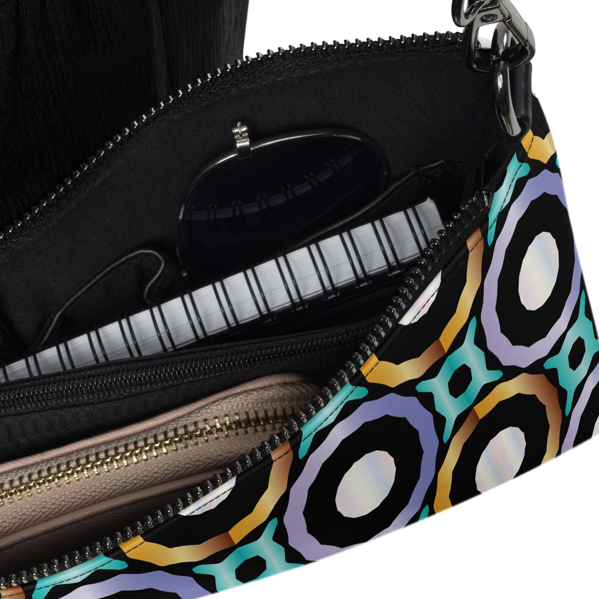 Kaleidoscope of Circles Purse Handbag all-over-print-crossbody-bag-black-product-details-2-668d999a59d55