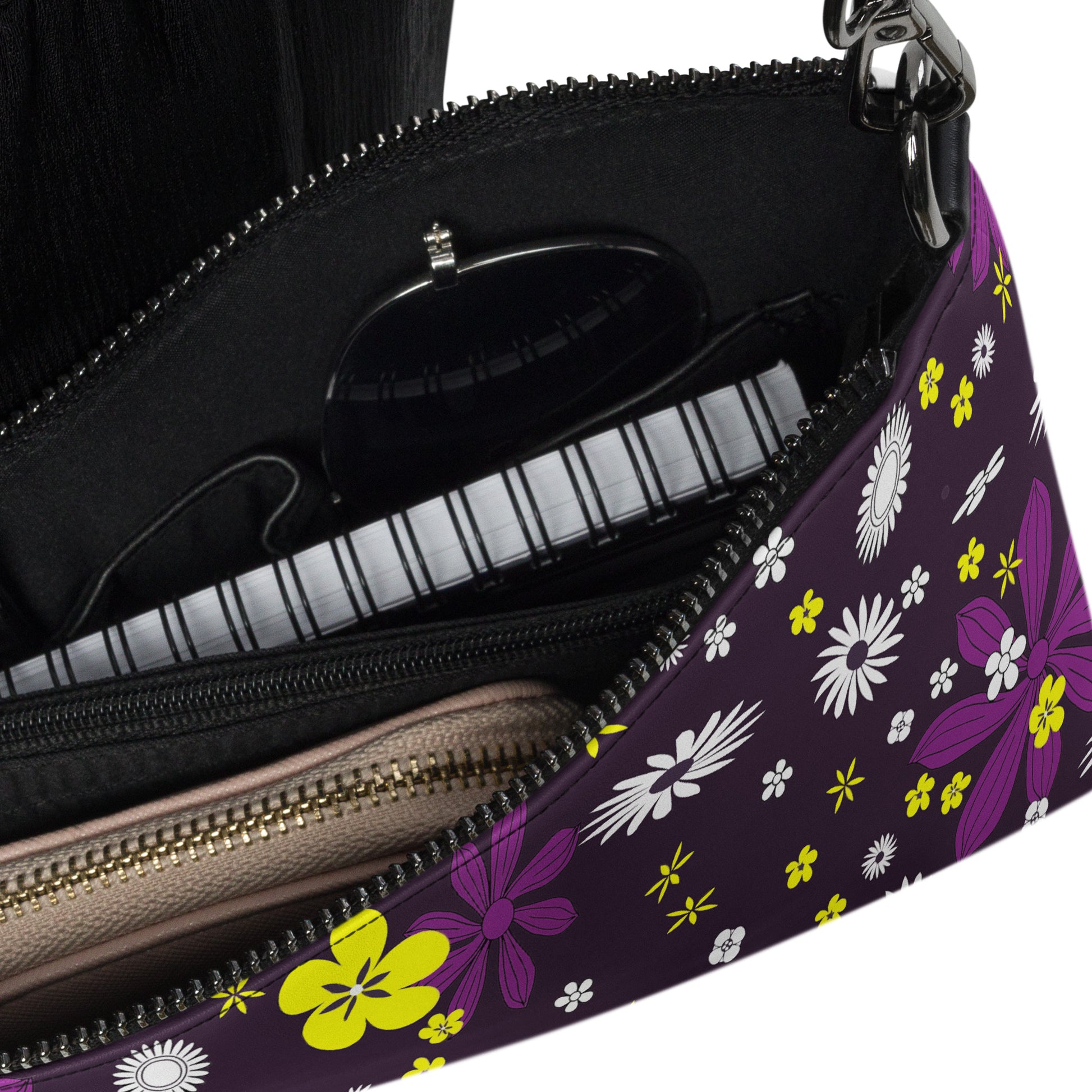 Purple and Yellow Floral Purse Handbag all-over-print-crossbody-bag-black-product-details-2-668d9d6d24a63