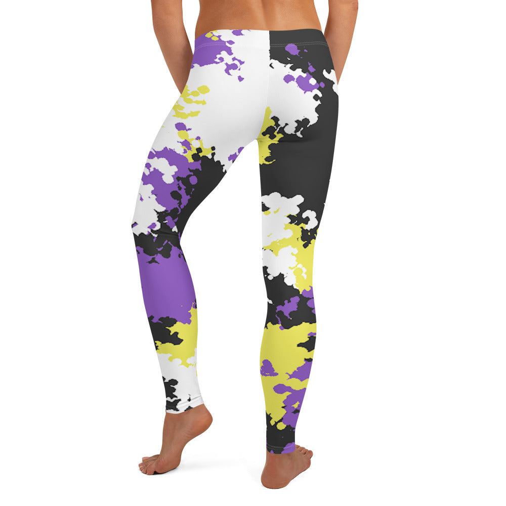 Nonbinary Enby Pride Women's Leggings Yoga Pants in Camouflage all-over-print-leggings-white-back-64cc3a4a08556