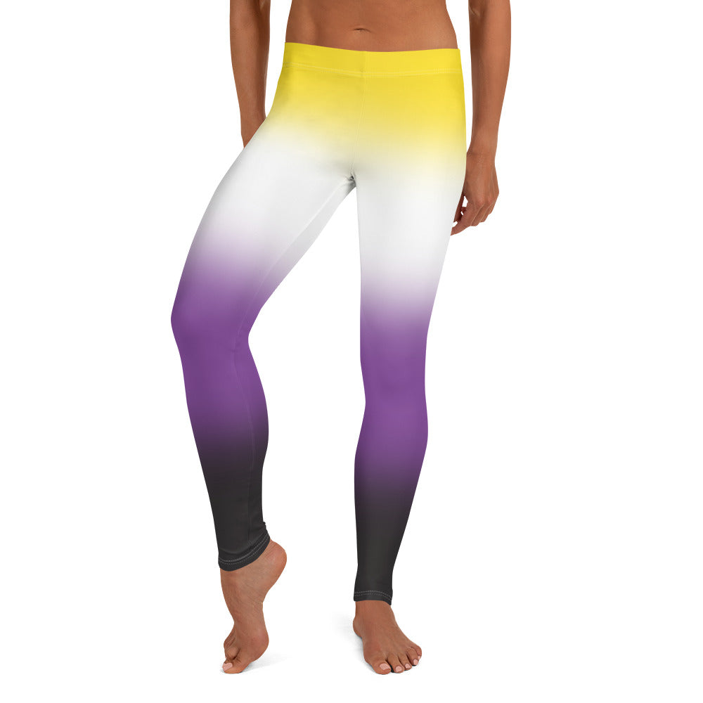 Nonbinary Enby Pride Women's Leggings Yoga Pants in Ombre Nonbinary all-over-print-leggings-white-front-64cadd8e00cb5