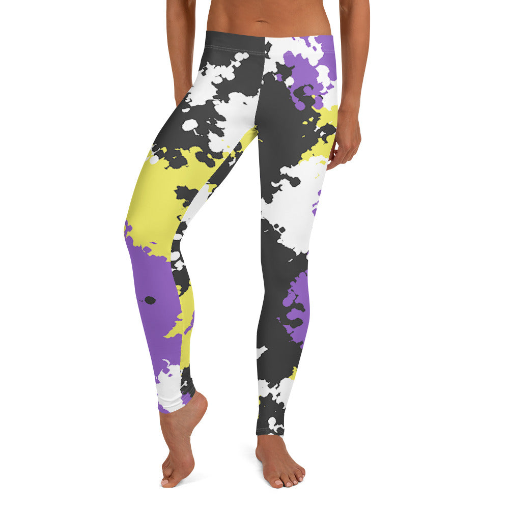 Nonbinary Enby Pride Women's Leggings Yoga Pants in Camouflage Nonbinary all-over-print-leggings-white-front-64cc3a4a0782c