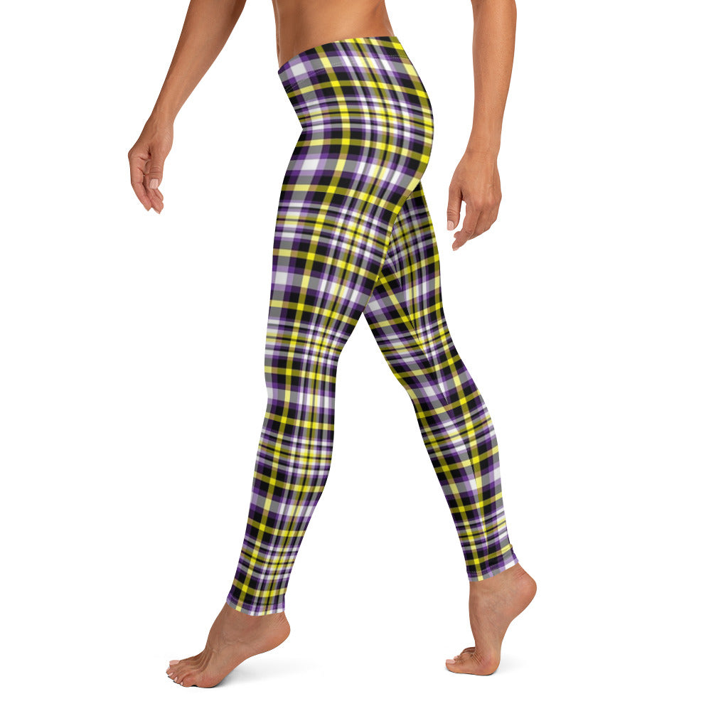 Nonbinary Enby Pride Womens Leggings Yoga Pants in Plaid all-over-print-leggings-white-left-652f36c5167d7